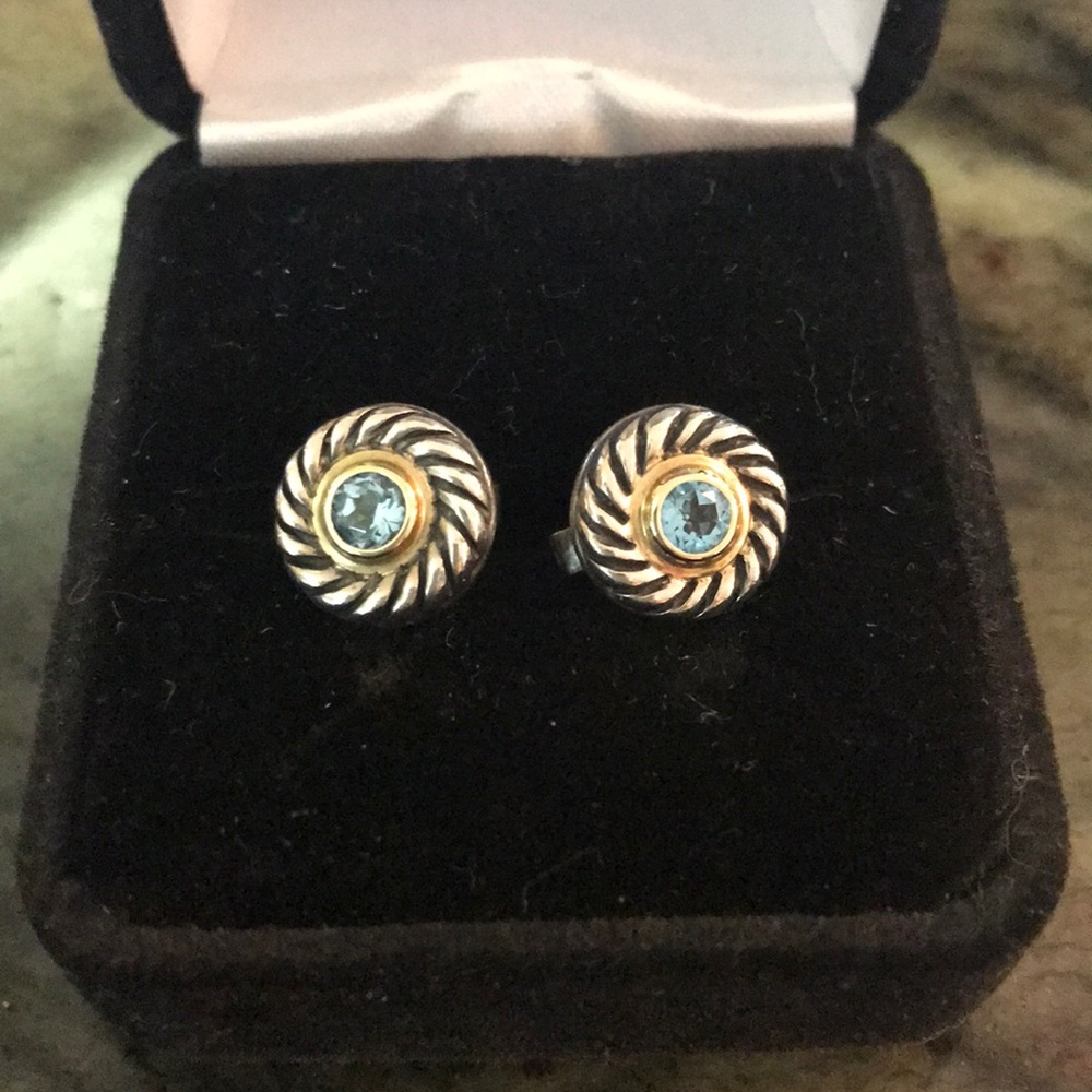 David Yurman 14k g/S.S. blue topaz Cookie earrings